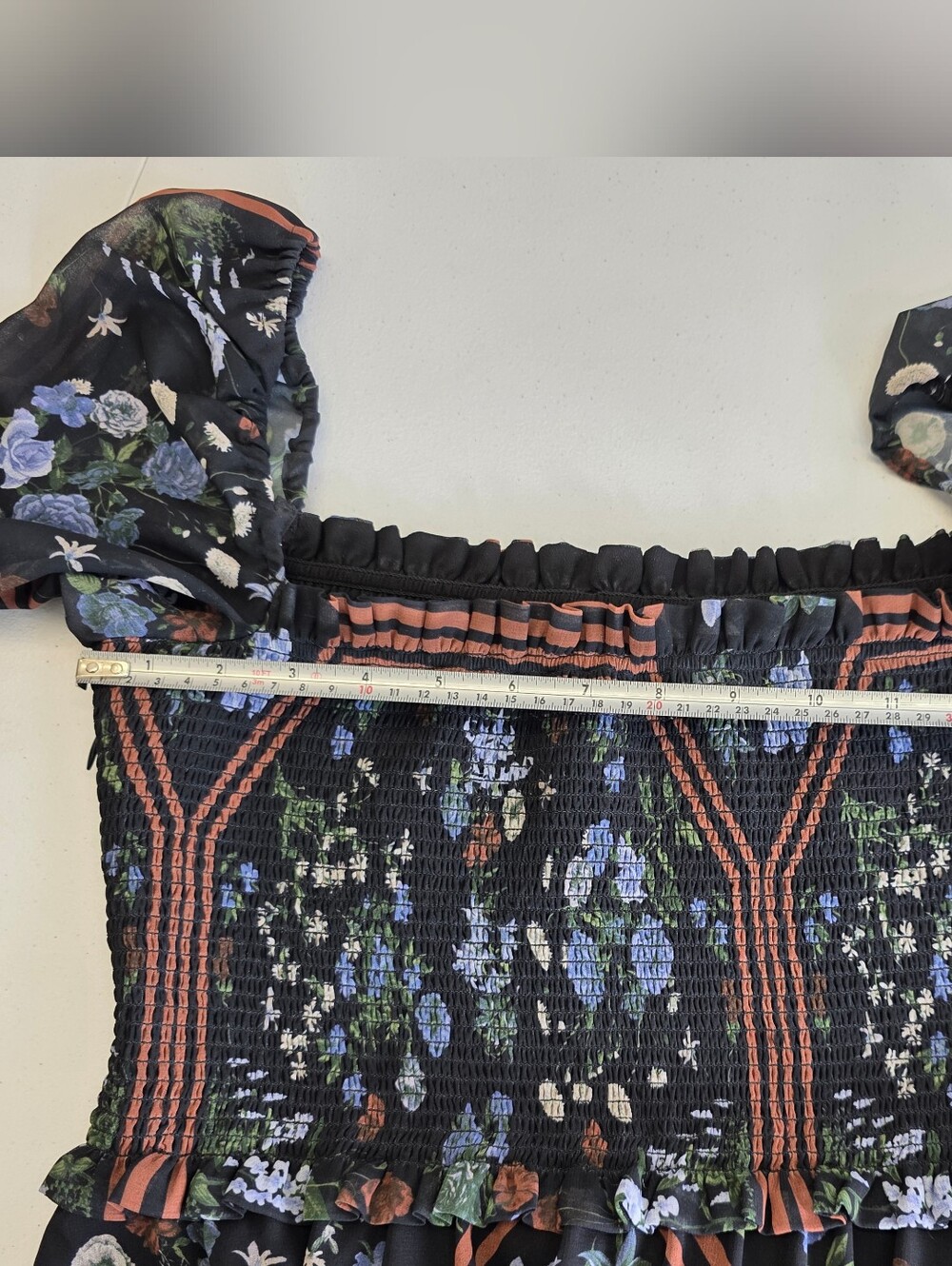Wilfred Smocking upper Maxi Dress Blue Floral Print and Brown Stripe Accents - Picture 7 of 9